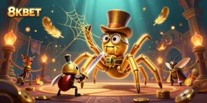 Engage with 8KBET through a vibrant casino world, featuring a golden tarantula and beetle knight.