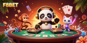 F8BET features lively casino characters enjoying gaming action in a vibrant, dynamic scene.