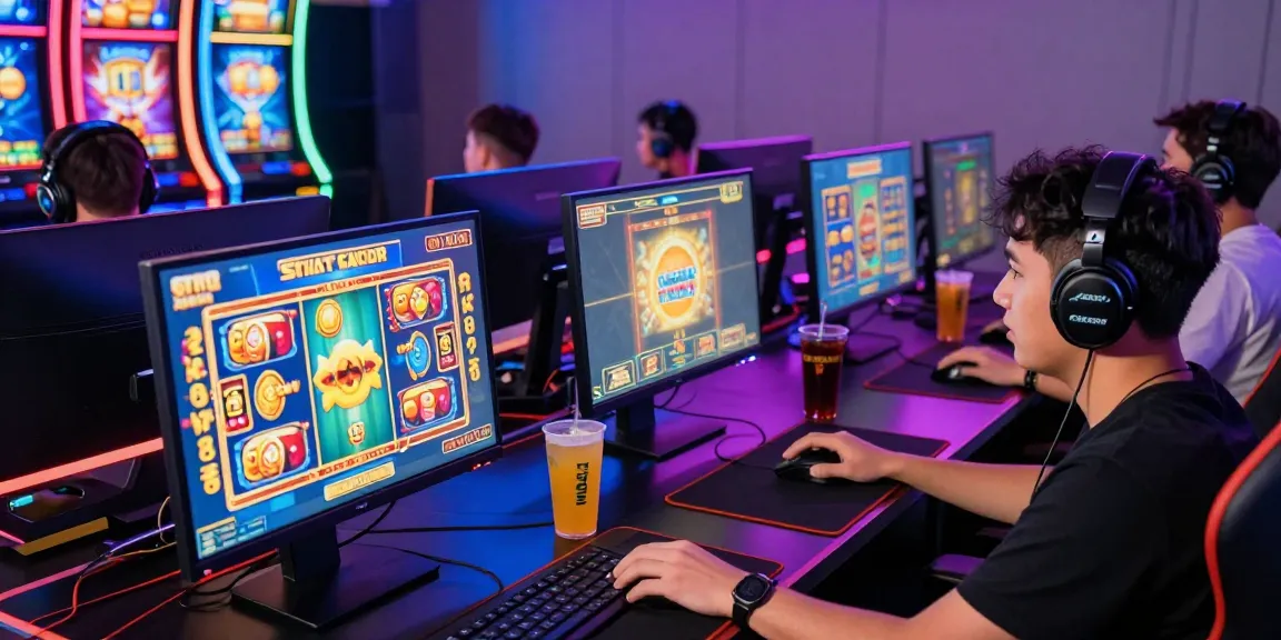 Situs Slot Gacor Asialive88 gaming scene with players engaged at computers, colorful slots, and neon ambiance.