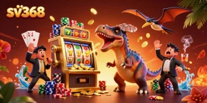 sv368 dazzles as a pachycephalosaurus hits a slot machine jackpot with coins flying everywhere
