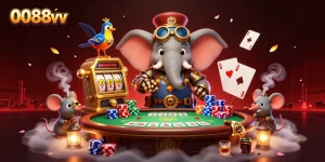 Play exciting games at 0088vv with a vibrant 3D steampunk casino scene bringing games to life.