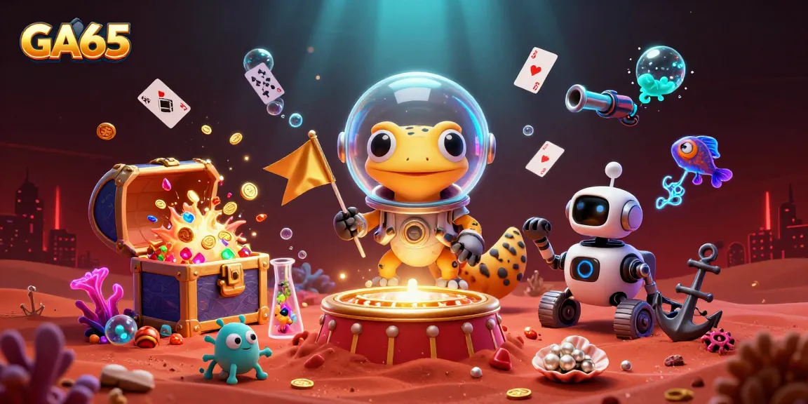 GA65 Martian gecko explores a golden casino with vibrant underwater treasures and dynamic game elements.