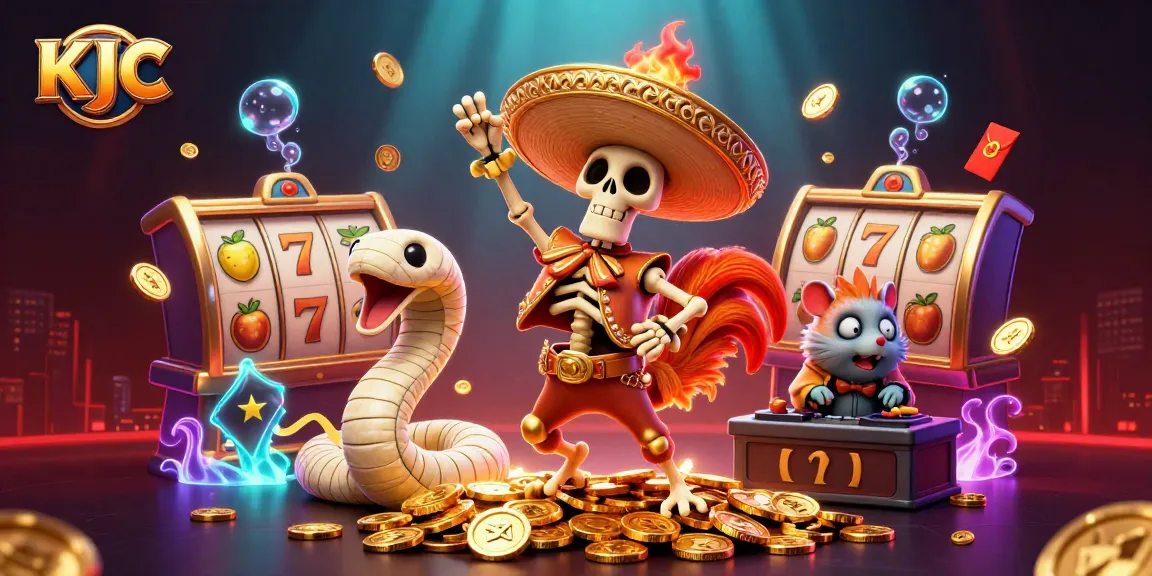 KJC brings thrilling casino excitement with a dancing mariachi rooster, golden coins, and slot reels.