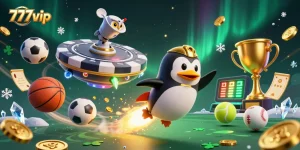 Experience thrilling gaming action with 777vip's golden penguin and dynamic sports elements!