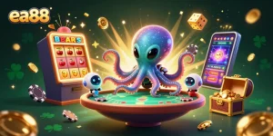 ea88 showcases an exciting alien poker scene featuring a cartoon octopus, jackpot slots, and vibrant casino elements.
