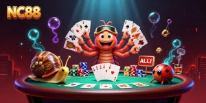 Experience the excitement of the NC88 casino with a vibrant 3D illustration showcasing a dynamic dealer and playful themes.