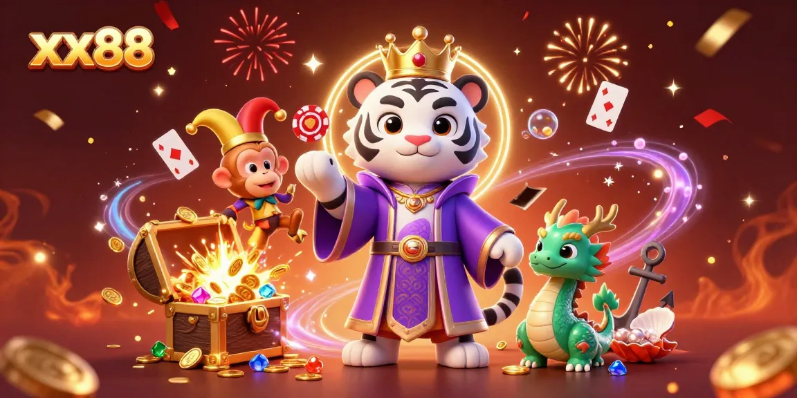 Engage with the thrilling atmosphere of xx88, featuring a cartoon tiger, monkey, and dragon amidst dynamic casino elements.