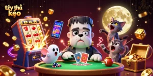 Engaging illustration of tỷ lệ kèo with cartoon characters in a vibrant casino scene featuring card deals and jackpot excitement.