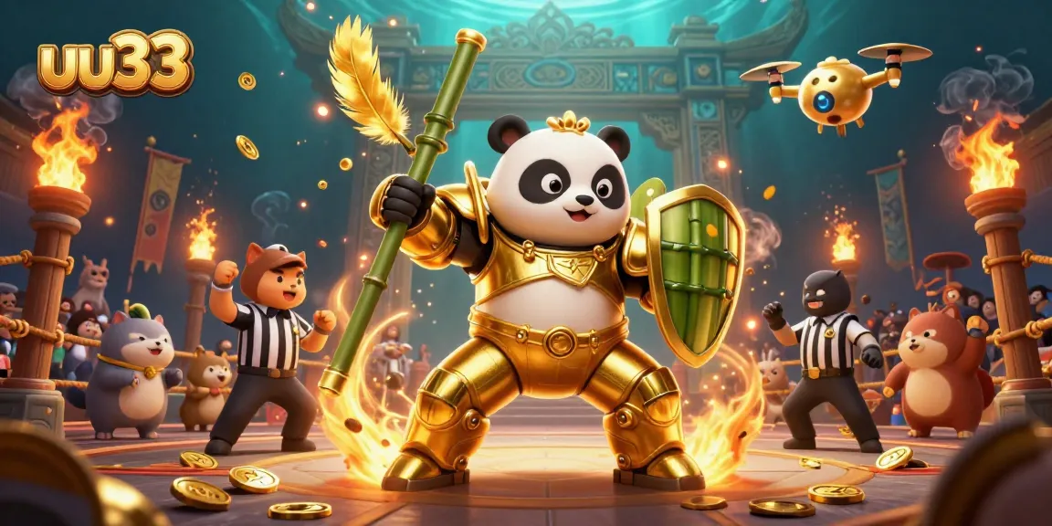 uu33 showcases an intense 3D casino battle with golden panda in an epic arena.