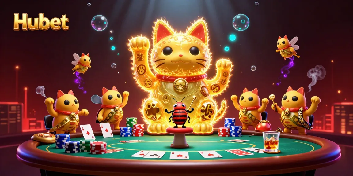 Experience thrilling gameplay at Hubet with a lucky cat formed by fireflies and vibrant casino symbols.