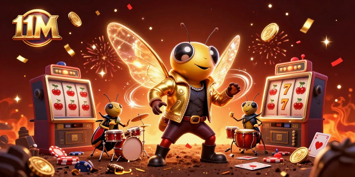 Win big with 11M in this vibrant casino scene featuring lively characters and dynamic gaming elements.