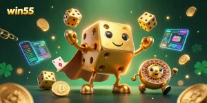 Play exciting games and win with win55's dynamic casino features in a vibrant 3D illustration.