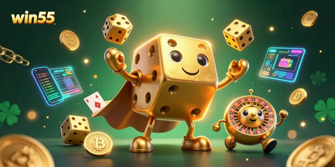 Play exciting games and win with win55's dynamic casino features in a vibrant 3D illustration.
