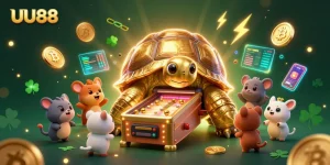 UU88 players enjoying a vibrant 3D gaming experience with Bitcoin, Ethereum, and colorful gambling elements.