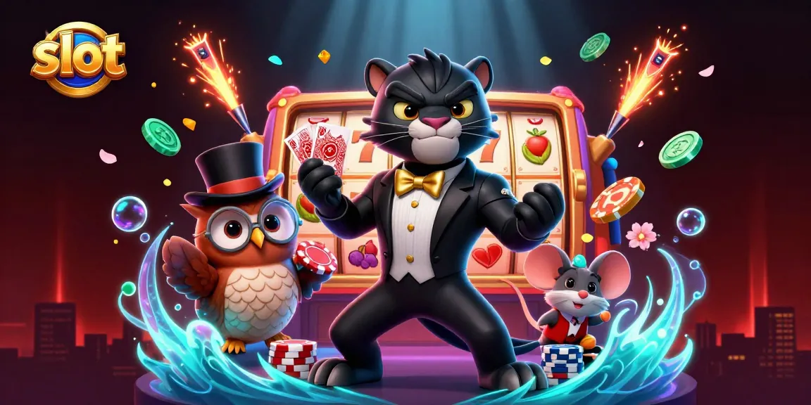 Engage with exciting slot games showcased by a panther dealer, owl chip handler, and mouse mascot.