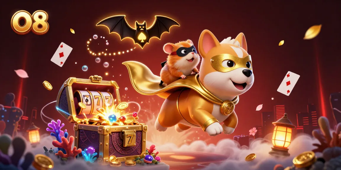 O8's superhero dog and hamster fly through a vibrant casino scene, showcasing thrilling jackpots.
