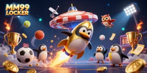 Experience the thrilling MM99 LOCKER adventure with a dynamic golden penguin in a casino-themed space scene.