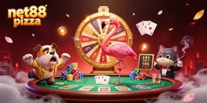 Excited bulldog and flamingo host at net88 pizza prize wheel with poker elements.