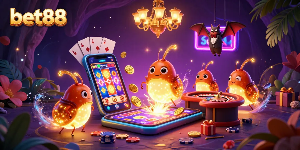 Light up your gaming experience with bet88's glowworm casino illustration, featuring a bat dealer and vibrant gaming elements.