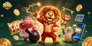 Experience thrilling victories with 88b's vibrant casino fun, featuring characters and dynamic elements in a rich 3D illustration.