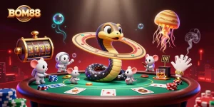 Experience thrilling gameplay at BOM88 with a vibrant 3D casino scene showcasing dynamic betting action.
