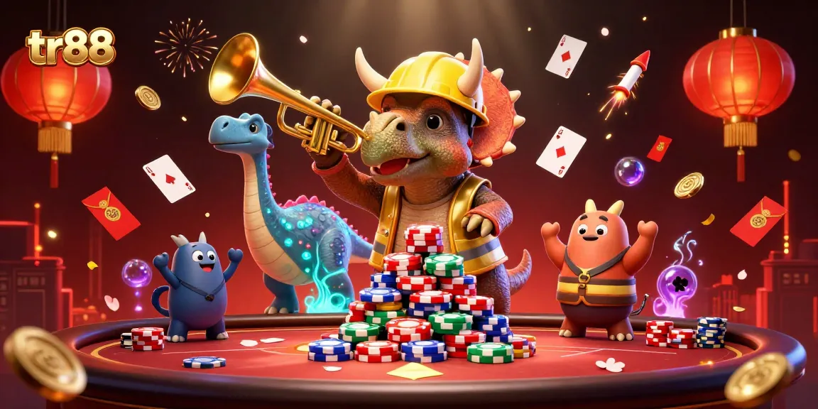 Experience the thrilling excitement of tr88 poker action as playful dinosaurs build poker chip pyramids.