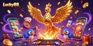 Experience Lucky88's thrilling moments with dynamic games and golden rewards in an illustration.