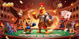 Experience a thrilling da88 poker showdown featuring a gladiator rooster, sparring tiger cub, and eagle, amidst vibrant casino details.