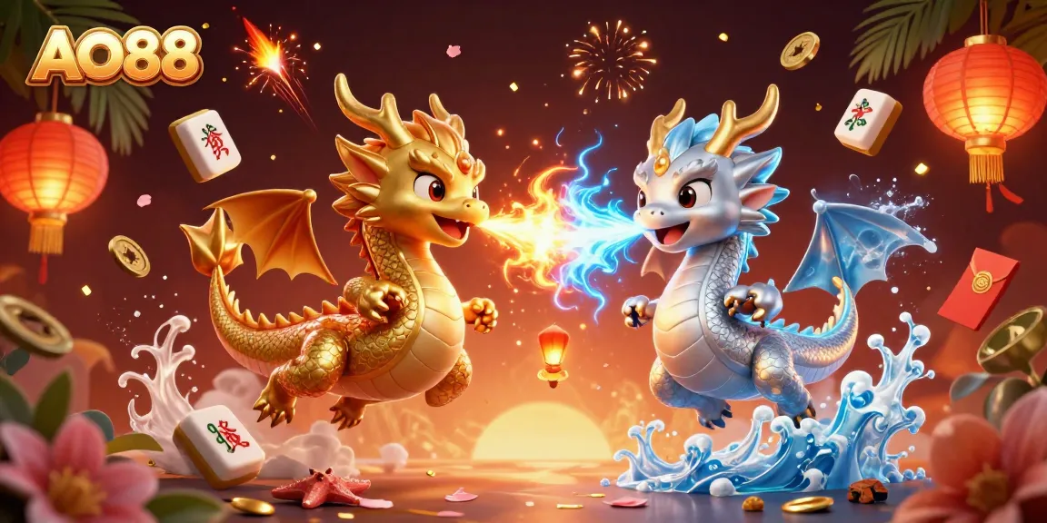 Experience the thrill of AO88 with dynamic dragons and vibrant casino elements in a colorful illustration.