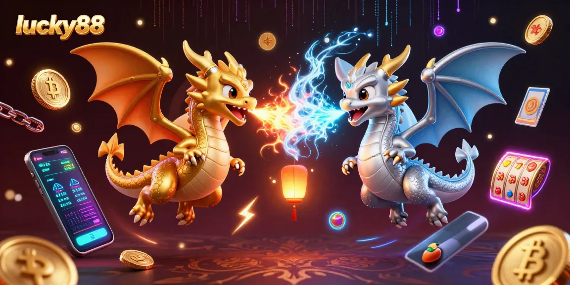 Experience winning moments with lucky88 in this vibrant 3D illustration featuring dragons and crypto elements.