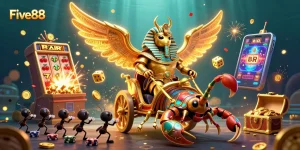 Win big at Five88 with a dazzling casino-themed scene featuring a golden scarab and vibrant slot symbols.