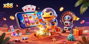 x88 players experience thrilling casino games with a Martian gecko and robot as they celebrate wins.