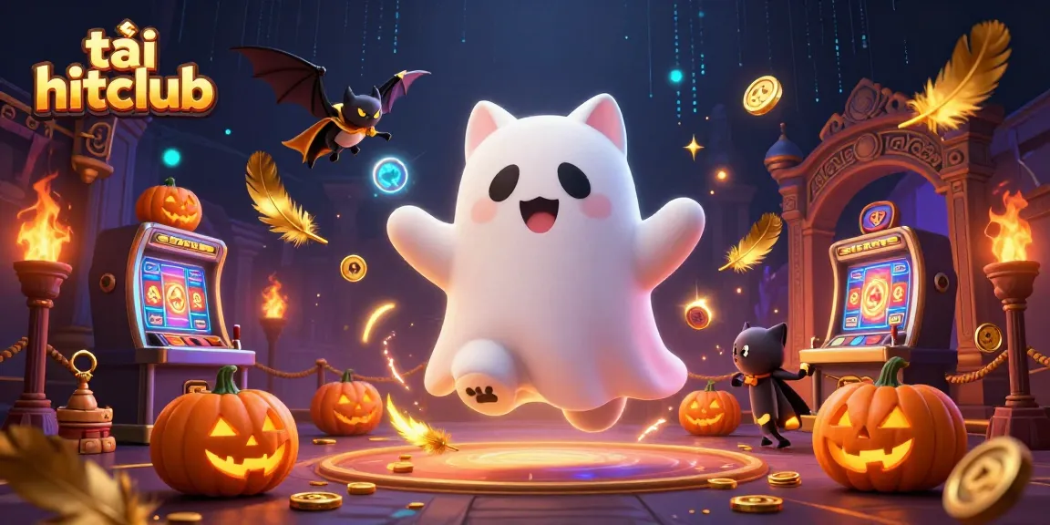 Engage in the thrilling universe of tải hitclub with a lively digital scene featuring a ghost cat and vampire bat.