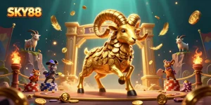 SKY88 captures the excitement of gaming with a golden ram charging into a dynamic casino scene.