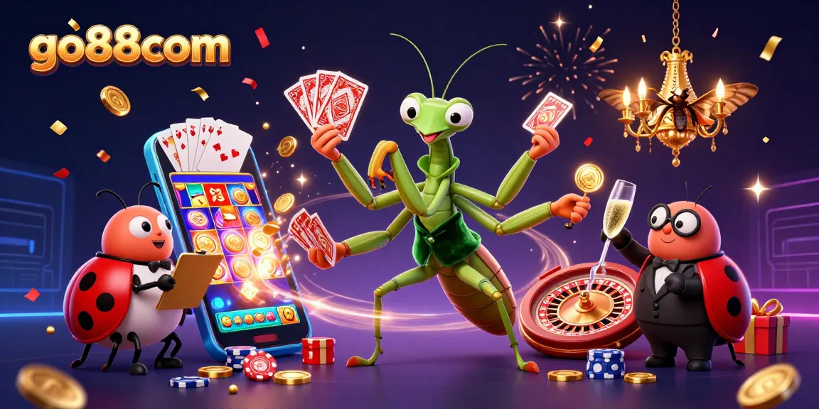 Engaging scene at go88com showcasing a giant praying mantis card sharp and ladybug pit boss amidst colorful slot game elements.