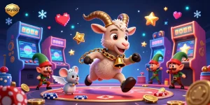Engage at sky88 with our enchanting casino experience featuring a whimsical cartoon Krampus amidst playful gremlins.