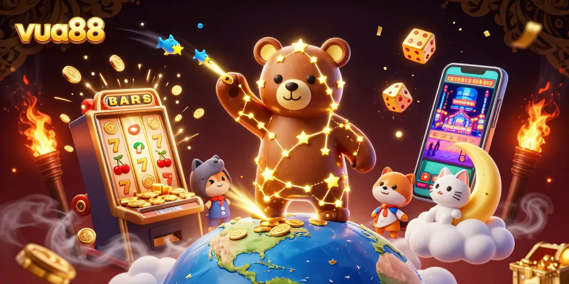 Win big with vua88's exciting slot games, as golden stars sprinkle coins amidst vibrant casino elements.