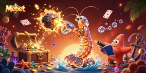 Mebet showcases a galactic samurai mantis shrimp battling for treasures amid vibrant gambling elements.