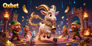 Oxbet showcases a festive yet spooky casino scene with a Krampus goat and mischievous gremlins stealing chips.
