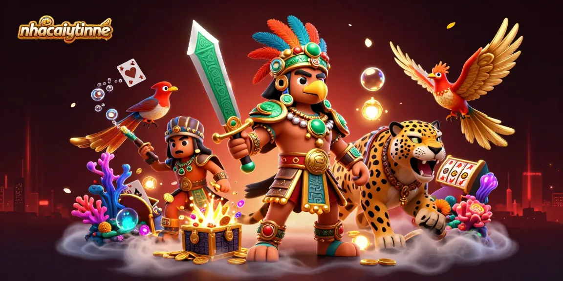 Engage in thrilling gaming action at nhacaiuytinne, featuring vibrant illustrations of casino excitement and slot machines.