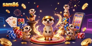 Experience the excitement of sam86 with a lively casino scene featuring meerkats in action.