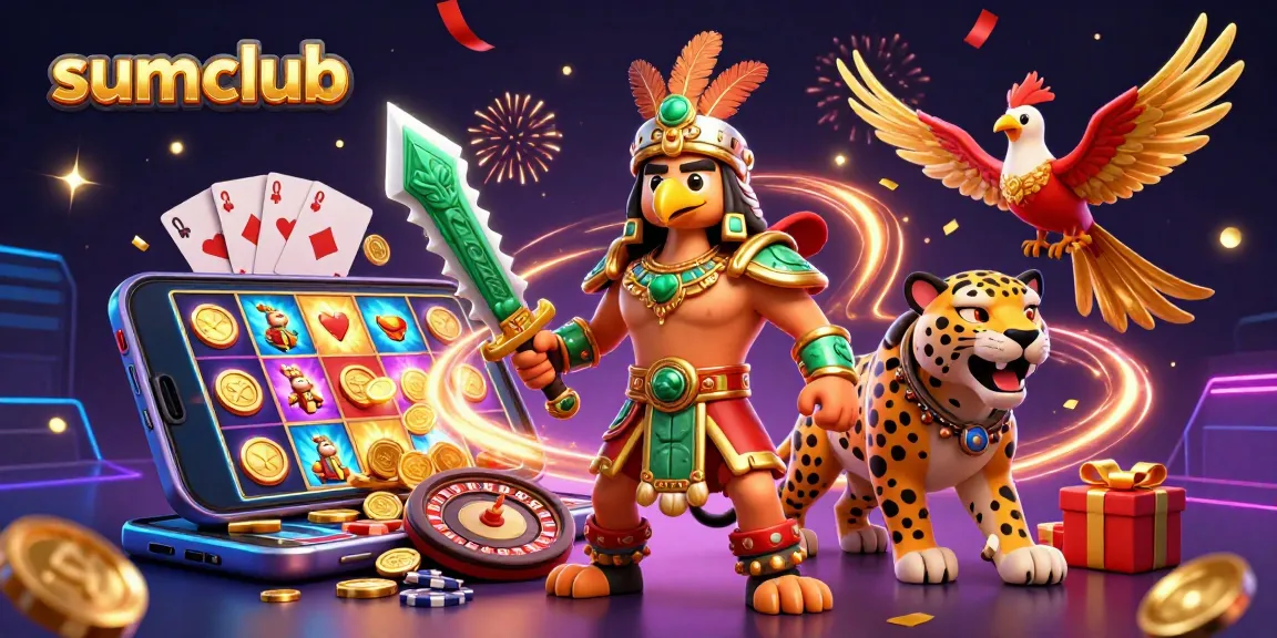 Engage with sumclub's thrilling gaming experience featuring an Aztec warrior and dynamic casino elements.
