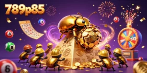 Experience the excitement at 789p85 with colorful lottery symbols and a golden beetle theme.