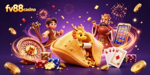 Experience winning moments at fv88casino with a vibrant 3D illustration of fortune and gaming elements.
