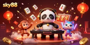 Engage with sky88 featuring energetic cartoon characters, slot reels, and festive decorations.