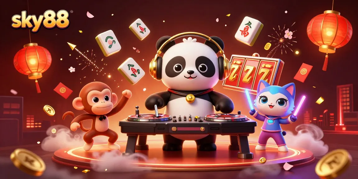 Engage with sky88 featuring energetic cartoon characters, slot reels, and festive decorations.