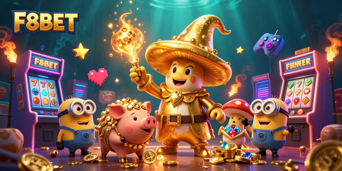 Experience the magic of F8BET with a golden mushroom wizard and slot elements in a vibrant casino illustration.