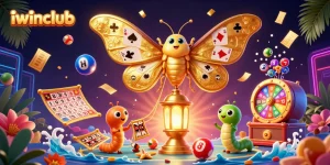 Iwinclub captivates players with colorful lottery balls, vibrant prizes, and a dazzling moth in a rich casino scene.