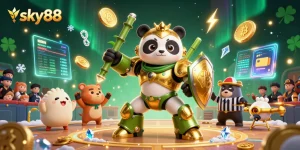 Engage in high-stakes fun with sky88's vibrant 3D digital casino panorama featuring unique characters.
