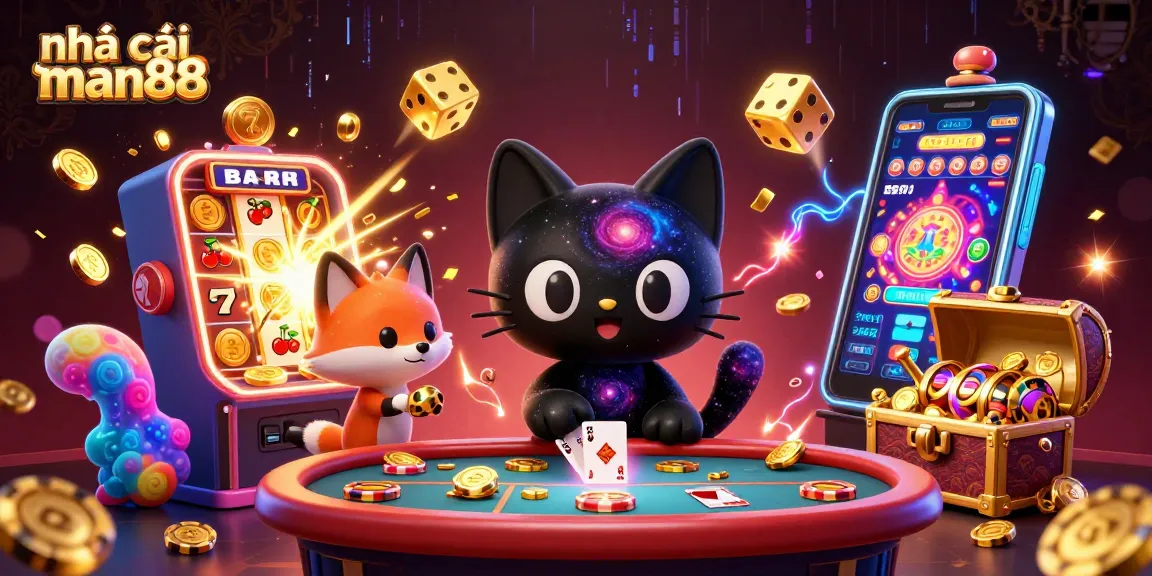 Experience the excitement at nhà cái man88 with a cosmic casino scene filled with vibrant characters and dynamic gaming elements.